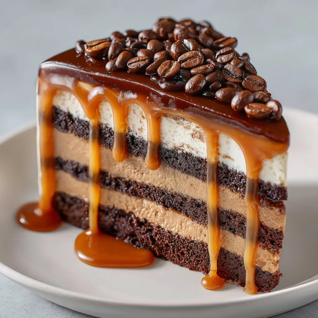 The process of assembling the coffee caramel layer cake, with an offset spatula smoothing the caramel buttercream.