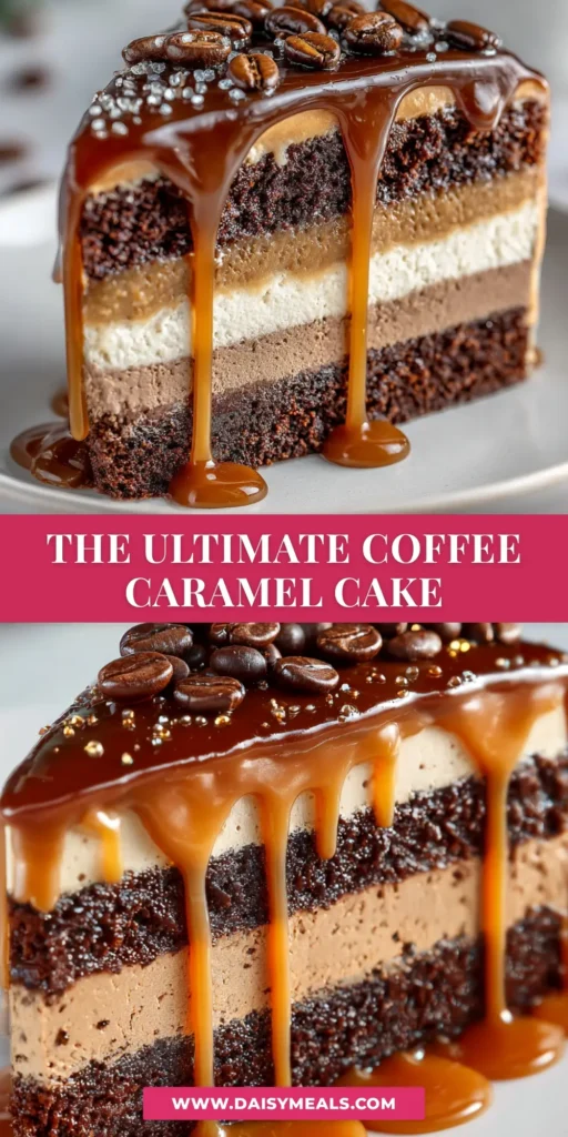 A stunning slice of coffee caramel cake on a white plate, showing moist layers, caramel buttercream, and a perfect caramel drip.