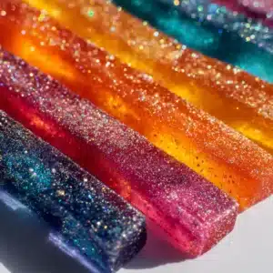 A close-up macro shot of vibrant, rainbow-colored Tequila Gummy Wands showing their smooth texture and bright colors.