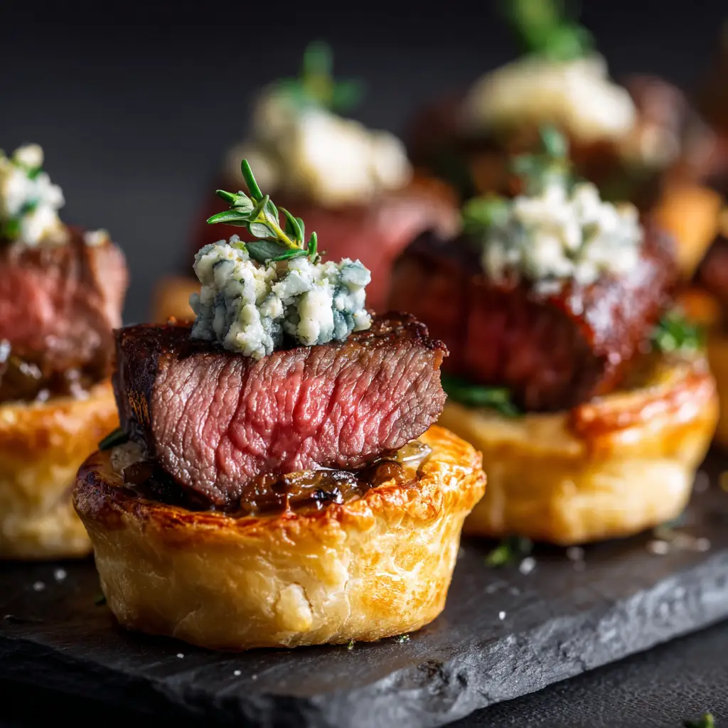A cooked mini beef wellington bite cut in half, revealing the juicy pink center of the beef tenderloin.