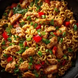A step-by-step photo showing chicken and vegetables being stir-fried in a large skillet for the ramen noodle stir fry.