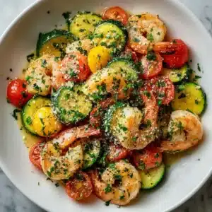 A close-up overhead view of juicy garlic butter shrimp being tossed in a skillet with fresh parsley and Parmesan.