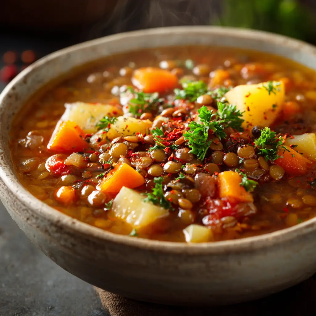 A large Dutch oven filled with simmering Lentil Vegetable Soup on a stovetop. This action shot shows the cooking process for this healthy soup recipe.