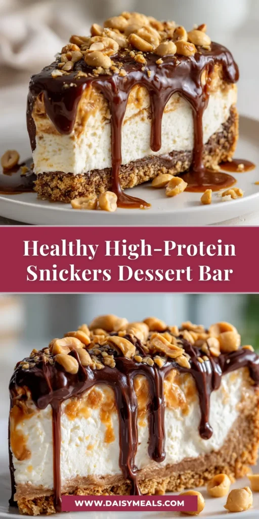 Cottage Cheese Snickers Dessert (Viral High-Protein Treat) 3 A tall glass jar filled with Cottage Cheese Snickers Dessert, showing layers of chocolate mousse, caramel, and peanuts, with a chocolate drizzle on top.