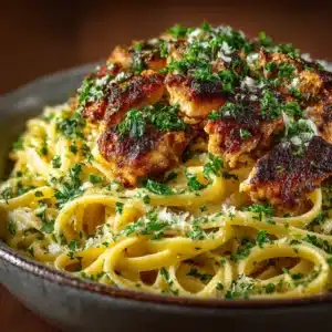 A close-up shot of Cowboy Butter Chicken, showing the rich texture of the garlic butter sauce clinging to a perfectly cooked chicken breast.