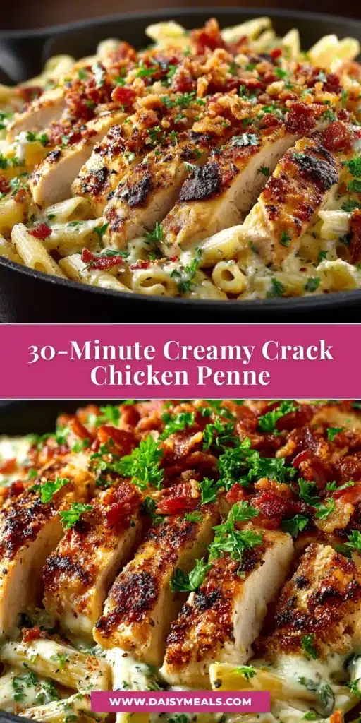 A serving of creamy Crack Chicken Penne in a white bowl, garnished with bacon and green onions. The title 'Crack Chicken Penne' is written in bold white text.