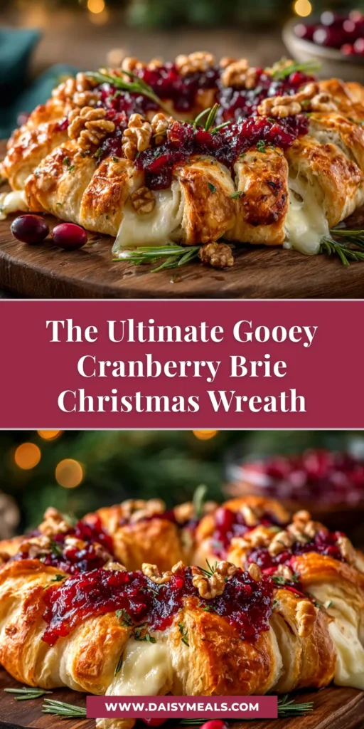 An overhead shot of a perfectly baked Cranberry Brie Wreath, golden brown and flaky, garnished with fresh rosemary on a serving platter.