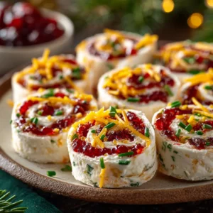 A close-up view of a single cranberry pepper jelly pinwheel, highlighting the creamy texture of the cream cheese filling mixed with bits of cranberry.