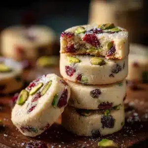 A close-up shot of a stack of buttery cranberry pistachio shortbread cookies, showing their crumbly texture and festive red and green colors.