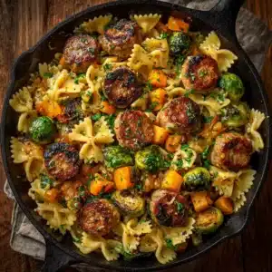 An overhead shot of a rustic bowl of creamy butternut squash pasta, garnished with fresh sage.