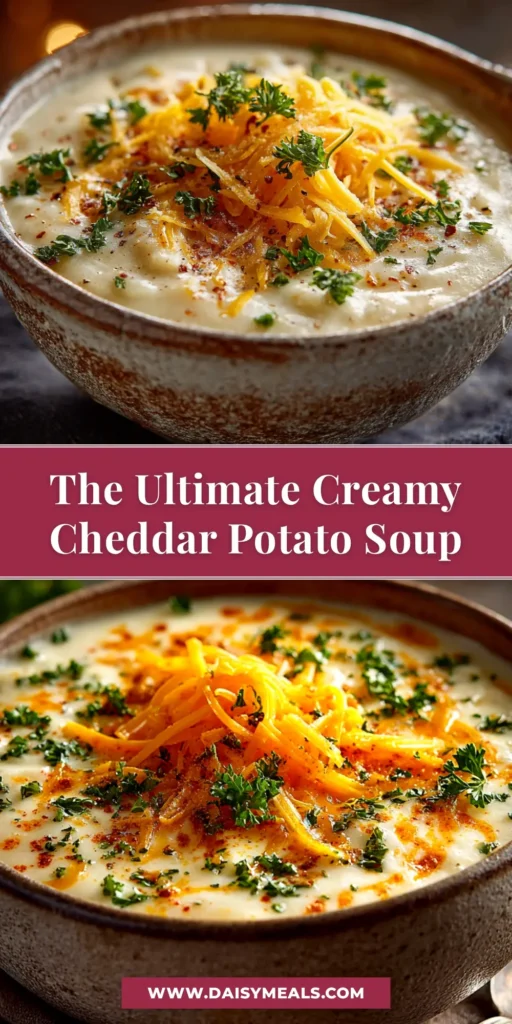 A top-down view of a bowl of creamy cheddar potato soup, garnished with bacon, cheese, and chives, with a spoon resting inside.