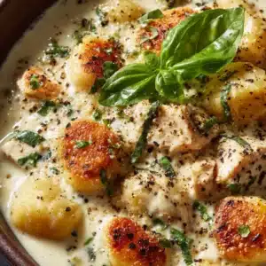 An extreme close-up of creamy gnocchi with chicken in a rich alfredo sauce. Each piece of gnocchi is perfectly coated in the garlic parmesan sauce.
