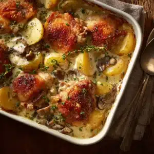 Step-by-step process of making a creamy chicken casserole, showing the chicken and mushrooms simmering in a rich, creamy sauce in a skillet.