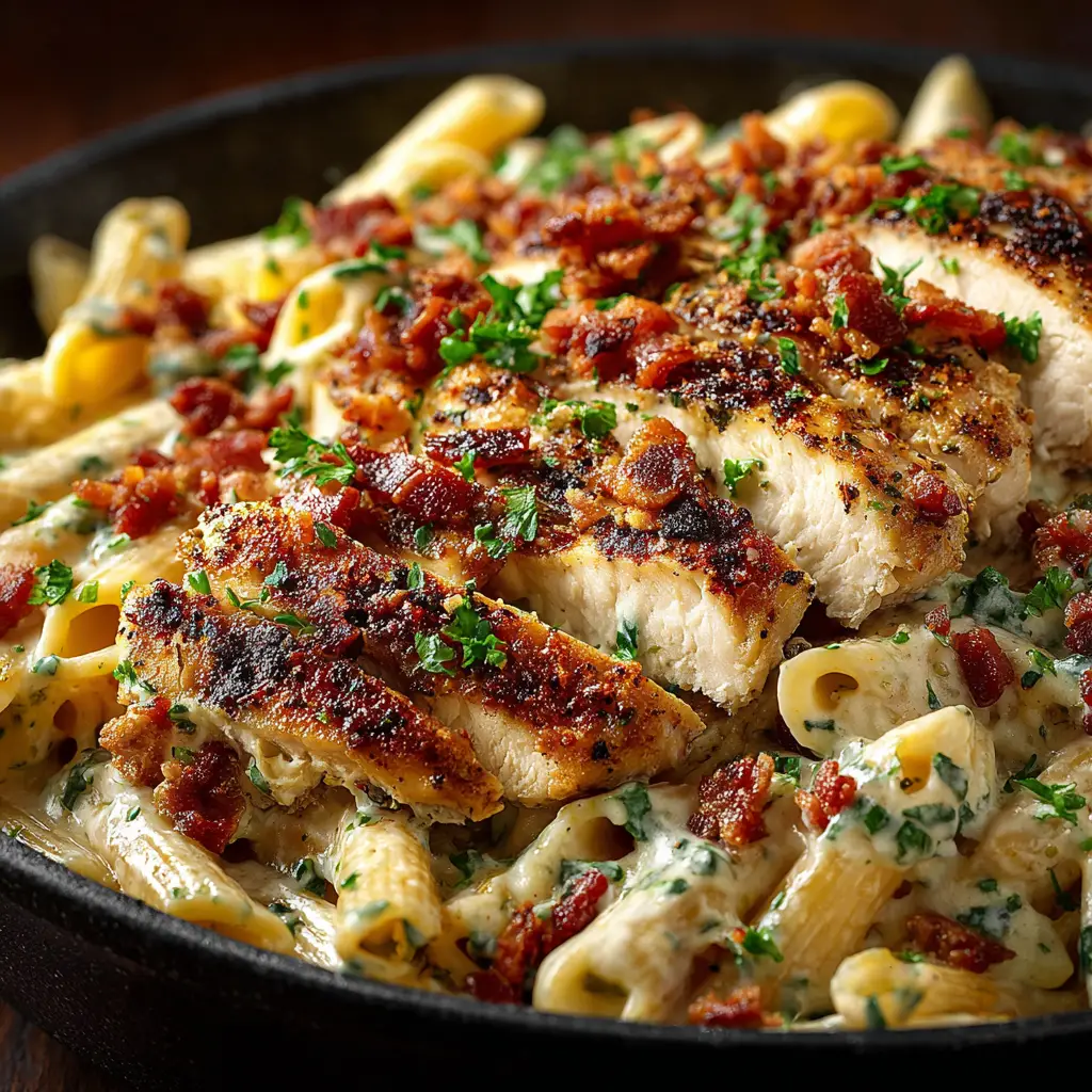 An extreme close-up shot of creamy crack chicken penne pasta, showing the rich texture of the cheese sauce and bits of bacon.