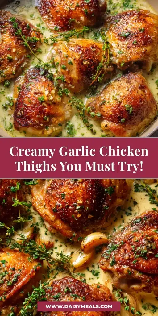 An overhead shot of Creamy Garlic Chicken Thighs in a black skillet, garnished with fresh parsley. The chicken is coated in a rich, velvety cream sauce.