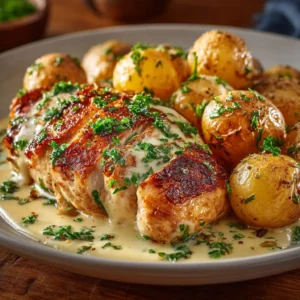 A close-up shot showing the creamy texture of the garlic parmesan sauce coating a piece of tender crockpot chicken.