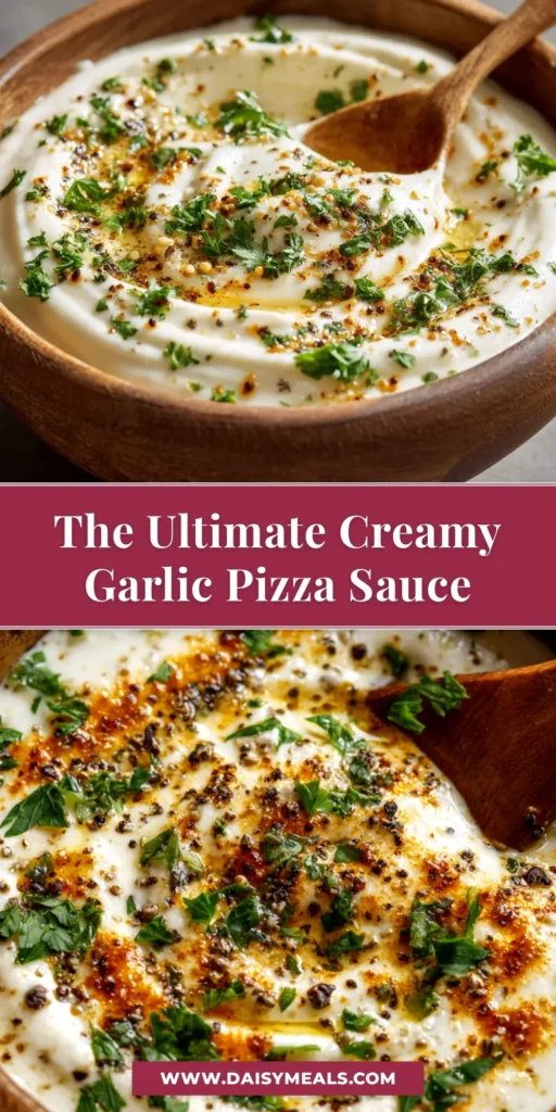 A sharable pin image showing a bowl of creamy Garlic Pizza Sauce with a spoon, surrounded by pizza ingredients like dough, cheese, and fresh basil.