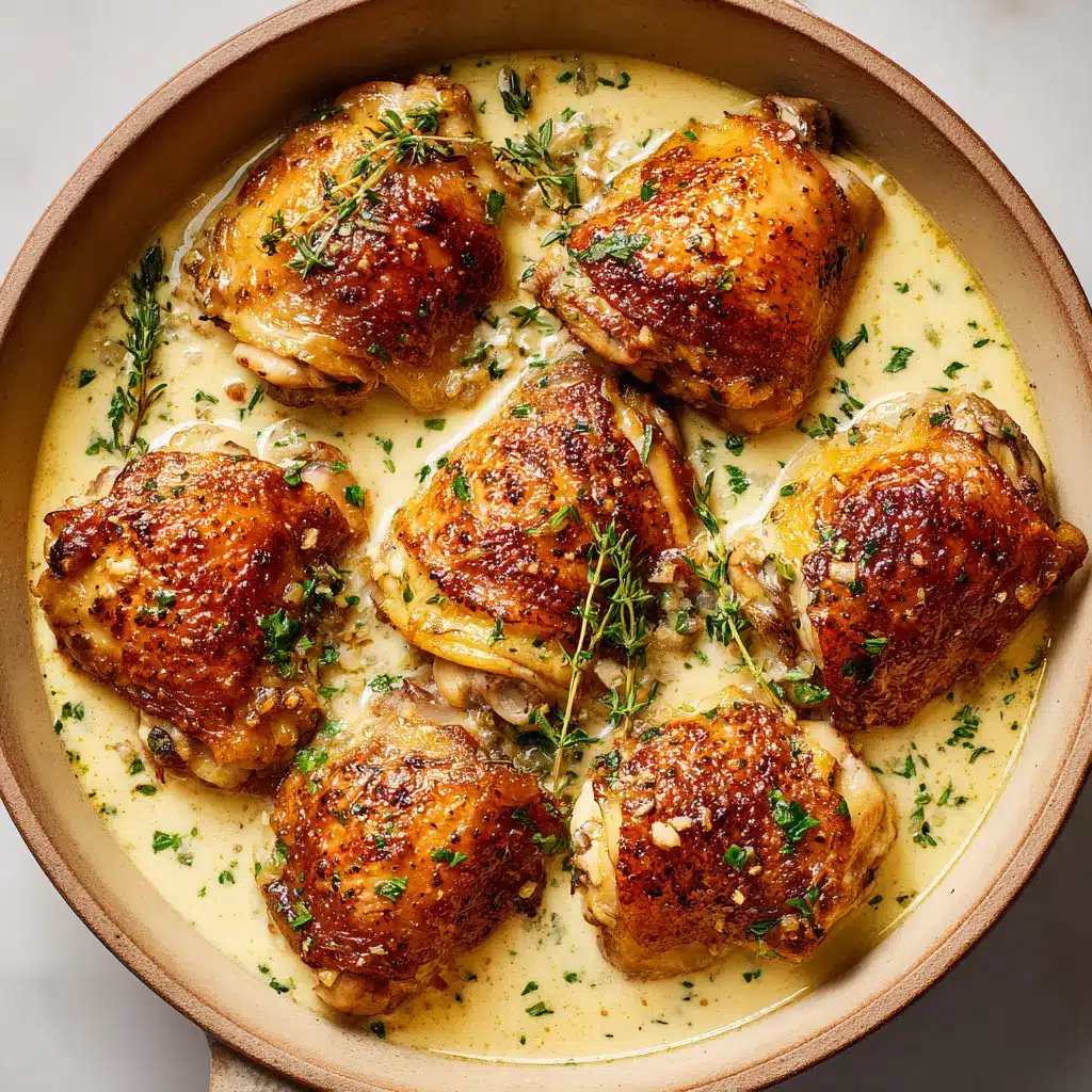 A close-up view of a perfectly seared chicken thigh being coated with a creamy garlic sauce in a skillet.