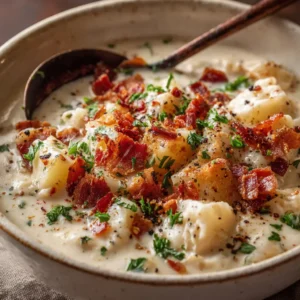 An extreme close-up of creamy loaded potato soup, highlighting the velvety texture and bits of bacon and cheese mixed in.