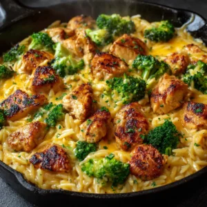 An extreme close-up overhead shot of the creamy orzo pasta dish, highlighting the melted cheddar cheese and tender chicken pieces.