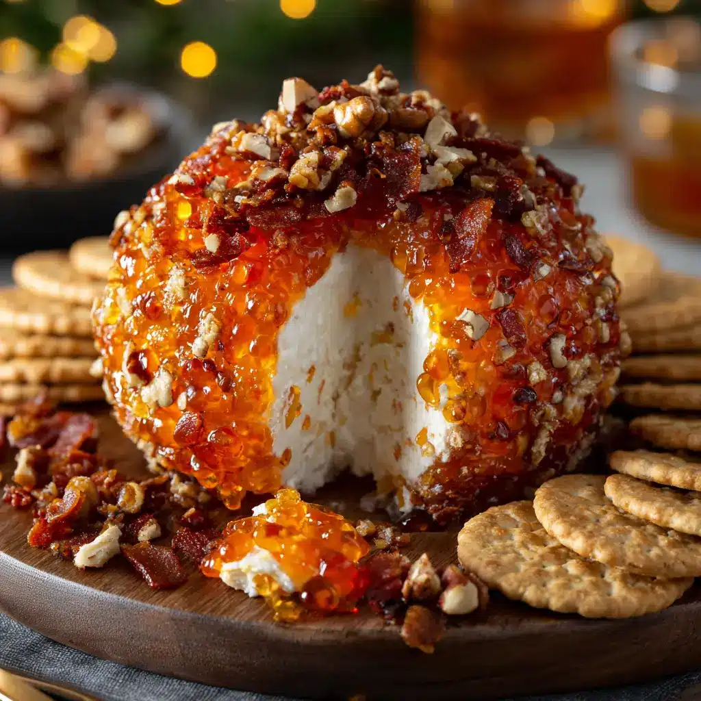 A close-up shot showing the creamy texture of the pepper jelly cream cheese ball with a knife spreading it onto a cracker.