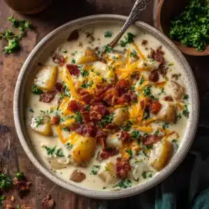 A close-up shot of a rustic white bowl filled with creamy Pioneer Woman Potato Soup, garnished with crispy bacon and fresh green onions.