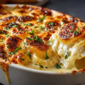 An extreme close-up of creamy potatoes au gratin, highlighting the layers of thinly sliced potatoes and rich cheese sauce.