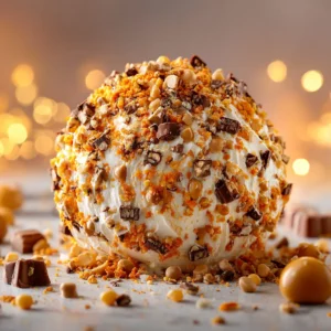 A close-up shot showing the creamy texture of the peanut butter cheese ball dessert, with chunks of Reese's cups visible inside.