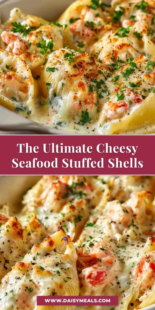 Creamy seafood stuffed shells baked in a white dish, ready to be served. This seafood stuffed shells recipe is packed with shrimp, crab, and scallops in a rich cheese sauce.