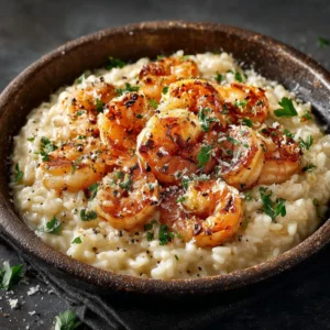 A spoonful of creamy shrimp risotto being lifted from a white bowl, showing the perfect velvety texture of the dish.