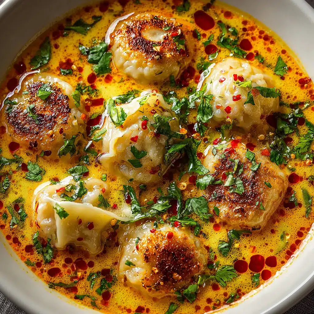 A top-down view of a bowl filled with creamy Thai coconut curry dumpling soup, highlighting the tender chicken dumplings in the rich broth.