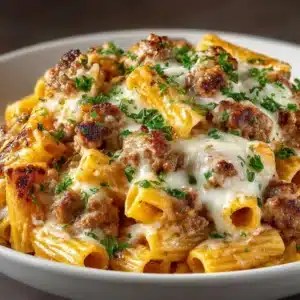 A pan filled with creamy tomato sausage pasta sauce, just before adding the rigatoni. Shows the rich texture of the sauce.