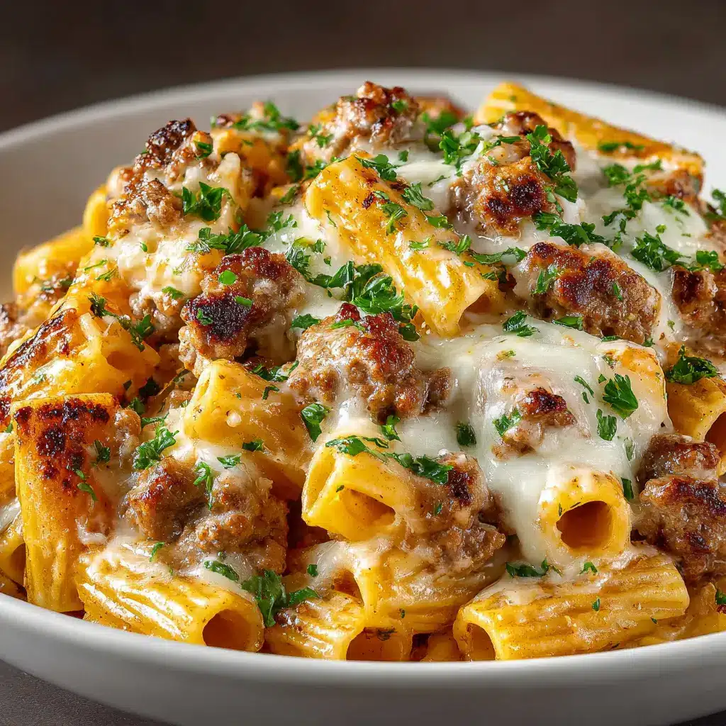 A pan filled with creamy tomato sausage pasta sauce, just before adding the rigatoni. Shows the rich texture of the sauce.