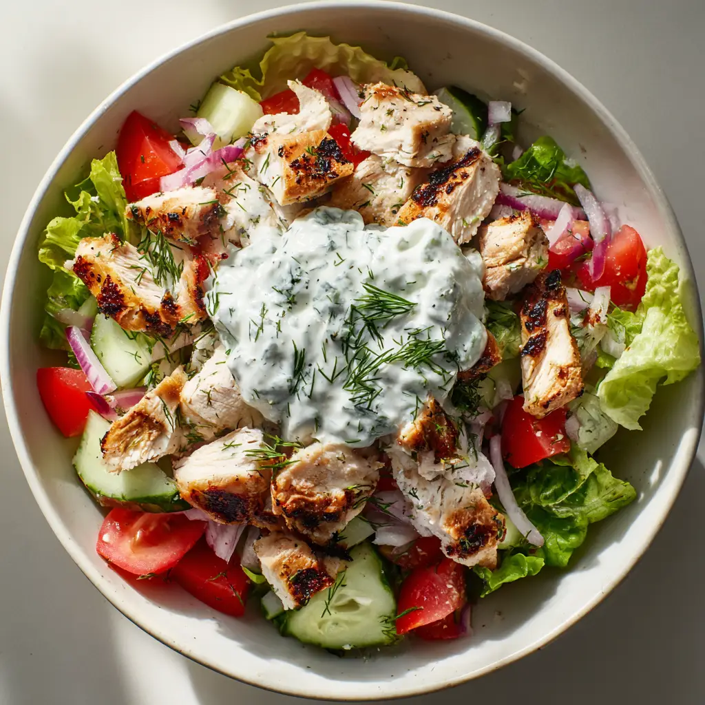 A close-up macro shot showing the creamy texture of the Greek yogurt tzatziki sauce mixed with shredded chicken and fresh dill.
