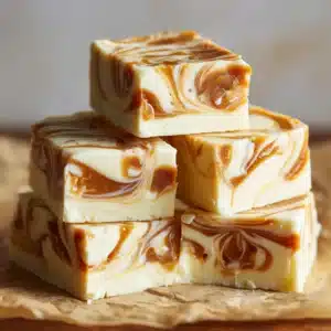 A close-up macro shot showing the creamy texture and rich caramel swirls in a piece of homemade white chocolate fudge.