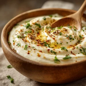 An extreme close-up shot of creamy white pizza sauce being stirred with a spoon in a small bowl, highlighting its thick and smooth texture.