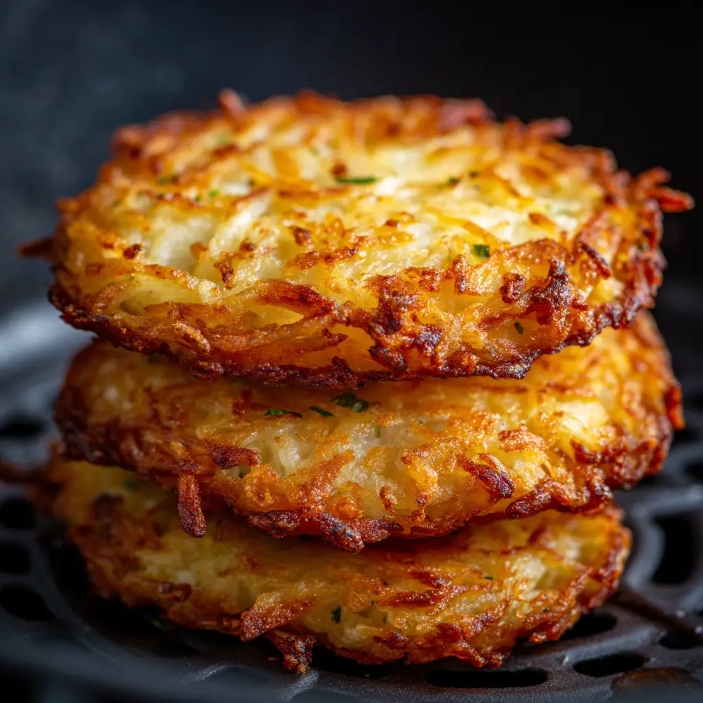 A close-up shot of three golden hash brown patties stacked on top of each other, showcasing their crispy texture from the air fryer.