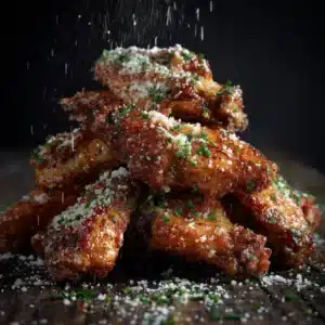 An extreme close-up of crispy baked chicken wings piled high, showing off the perfectly golden-brown and textured skin before being sauced.