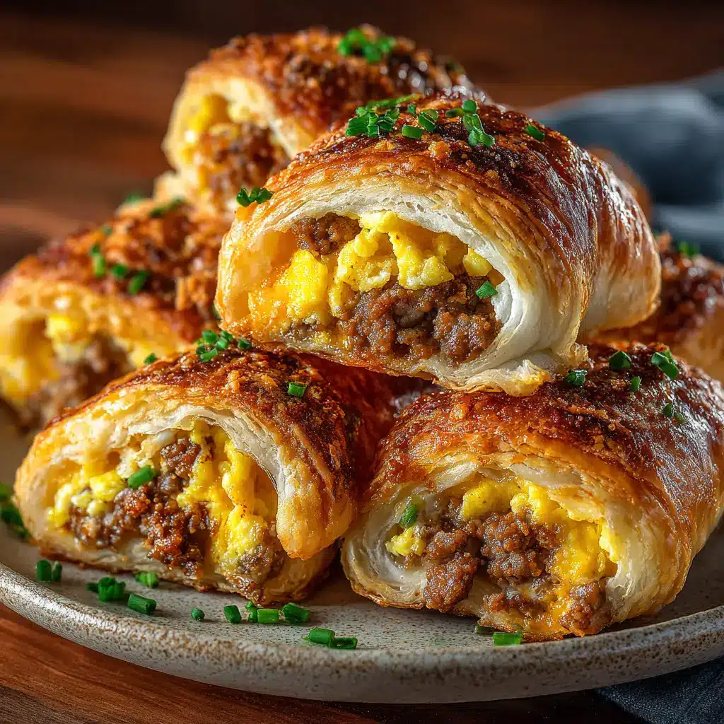 A close-up shot of several finished sausage egg and cheese tortilla roll-ups stacked on a plate, ready to be served.
