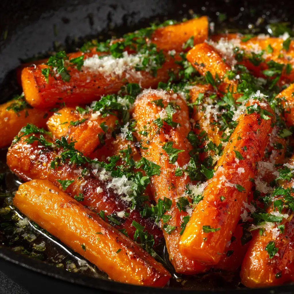 An extreme close-up shot of oven-roasted carrots with a golden parmesan crust and minced garlic, highlighting the tender-crisp texture.