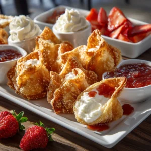 A top-down view of golden-brown, crispy Strawberry Cheesecake Wontons arranged neatly on a plate.
