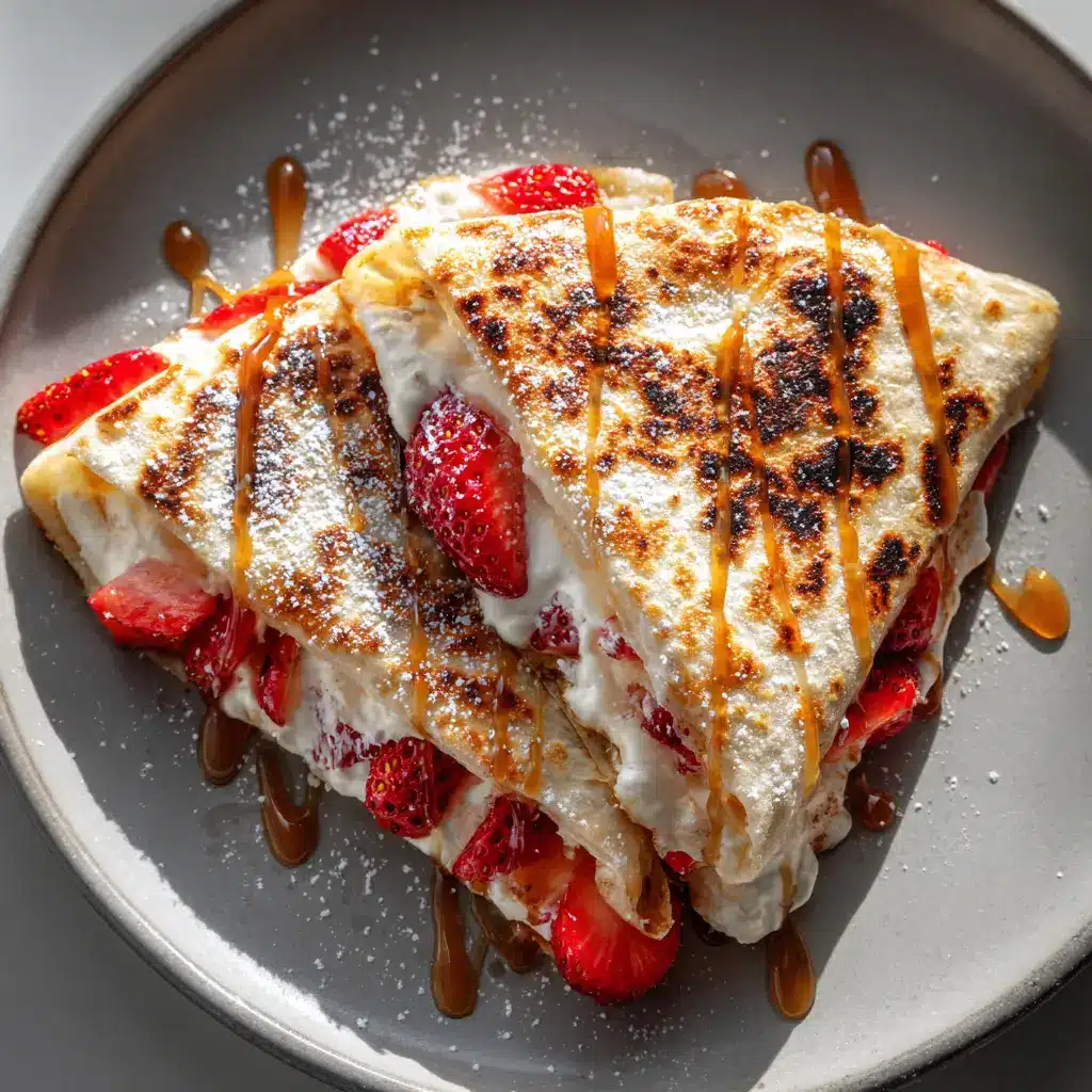 An overhead view of a strawberry cheesecake quesadilla on a plate, showing its perfectly crispy, golden-brown tortilla.