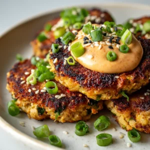 A close-up shot of crispy tuna patties being pan-fried in a skillet to a perfect golden brown color.