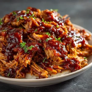 An extreme close-up shot of succulent shredded crockpot BBQ chicken, highlighting the tender texture and glossy sauce.