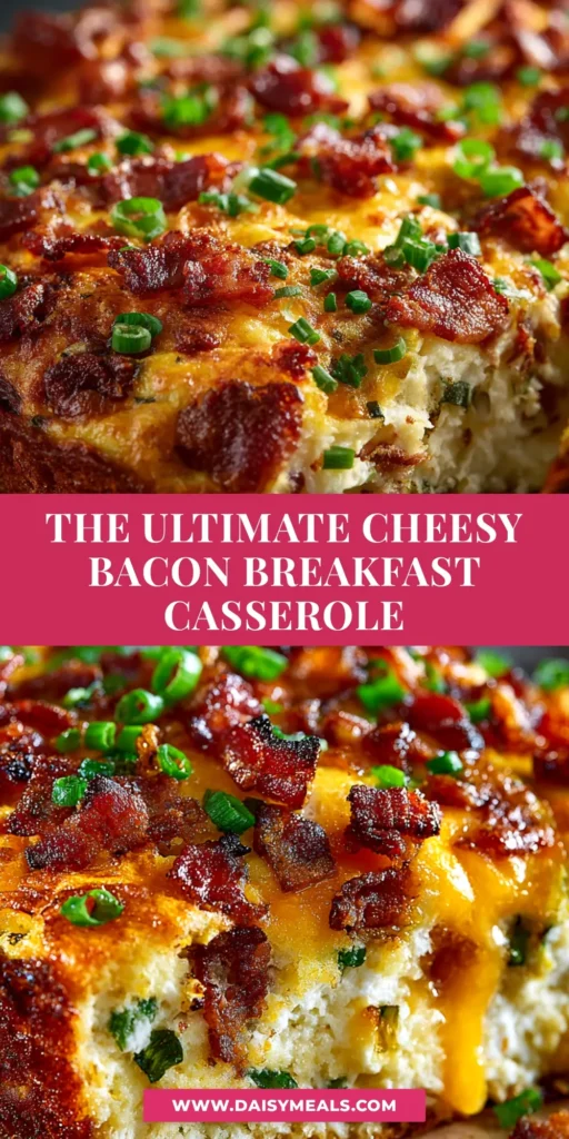 A delicious golden-brown breakfast casserole in a white baking dish, with a slice taken out to show the inside.
