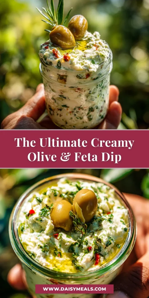 A shareable pin image showing a bowl of creamy and chunky olive feta dip, with text overlay reading 'Easy 10-Minute Olive Feta Dip Recipe'.