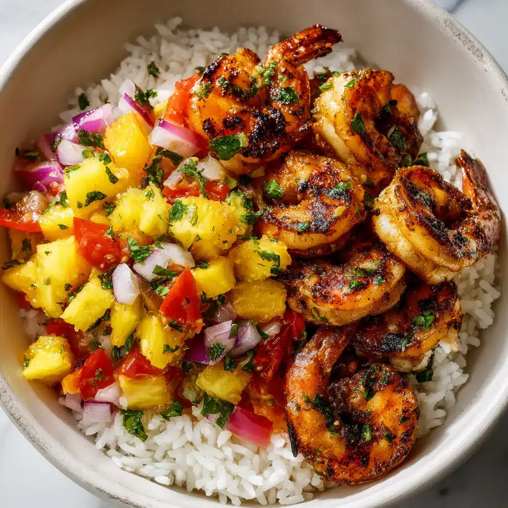 A spoonful of the shrimp rice bowl, showcasing a piece of spicy shrimp, rice, and fresh salsa to illustrate the perfect bite.