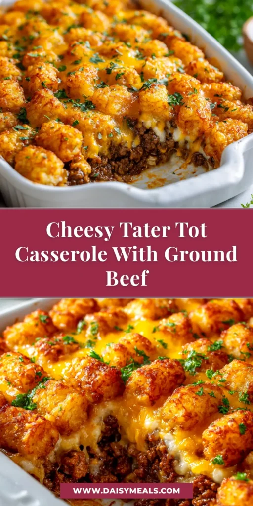 A delicious and easy Tater Tot Casserole recipe baked to golden perfection in a white casserole dish. The perfect family dinner idea.