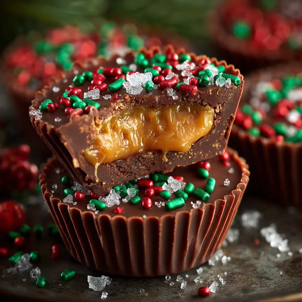 Christmas Chocolate Caramel Cups (Easy No-Bake Recipe!) 1 A beautiful display of finished Christmas chocolate caramel cups topped with flaky sea salt on a rustic wooden board.
