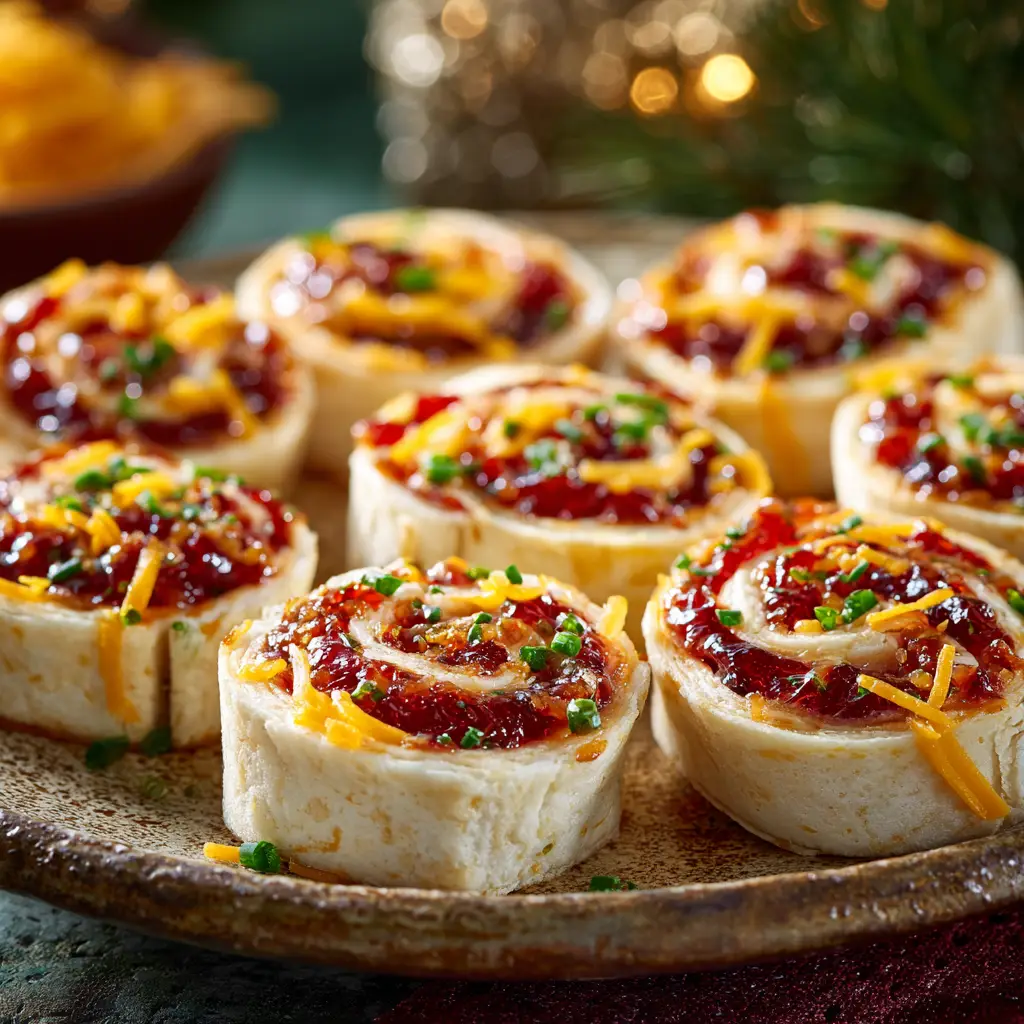A collection of cranberry pepper jelly pinwheels scattered on a wooden board, emphasizing this recipe as an easy holiday appetizer for a crowd.